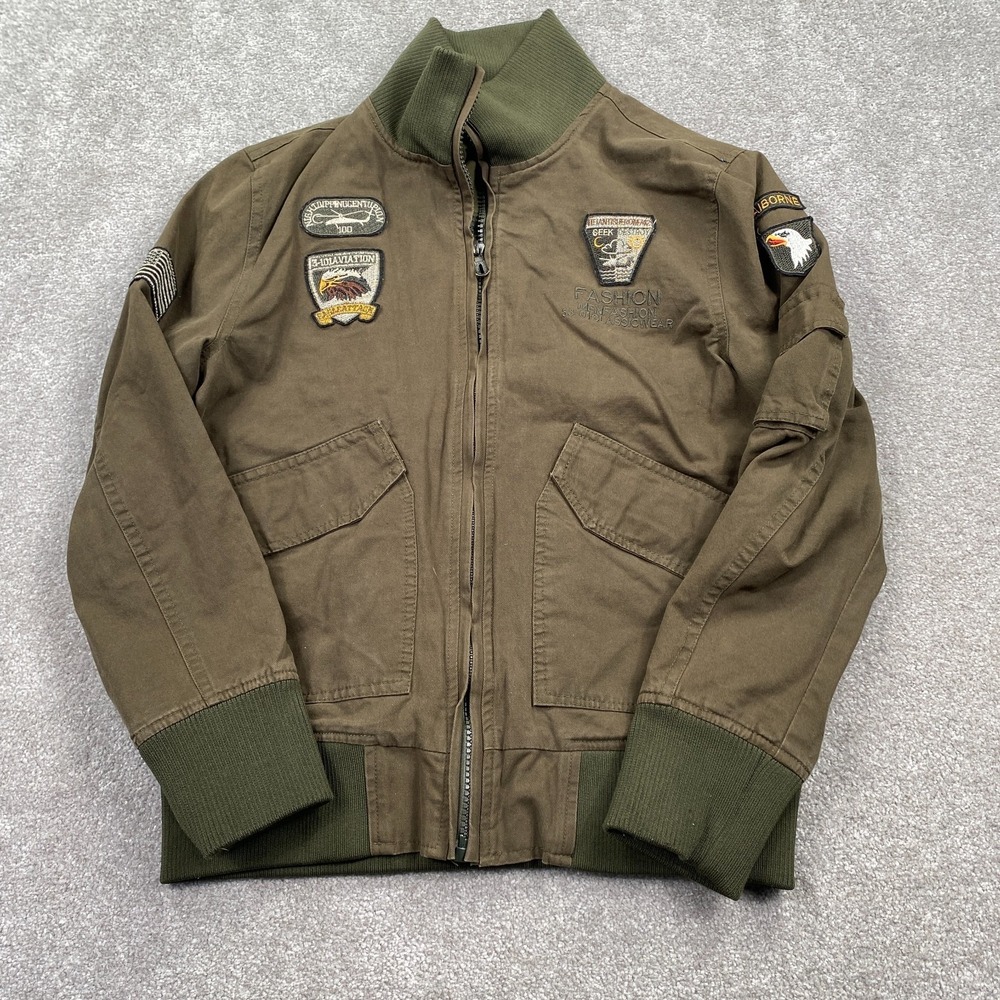 77 City Canvas Lined Military Theme Patches Utility Jacket Men's Size XL Brown